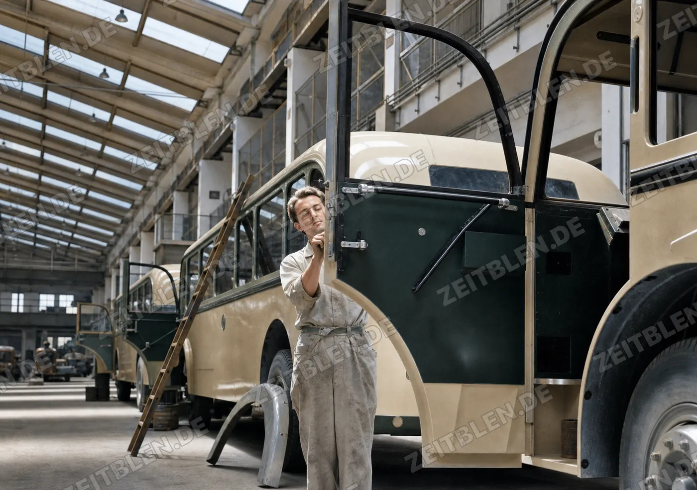 Buskarosserie in der Waggonfabrik Rathgeber, Moosach 1949