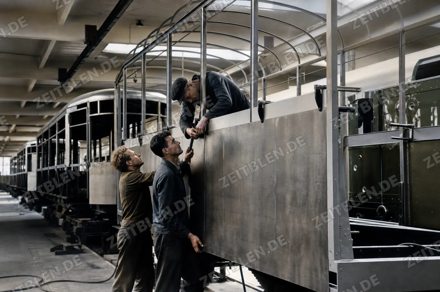 Straßenbahnwagen in der Waggonfabrik Rathgeber in Moosach