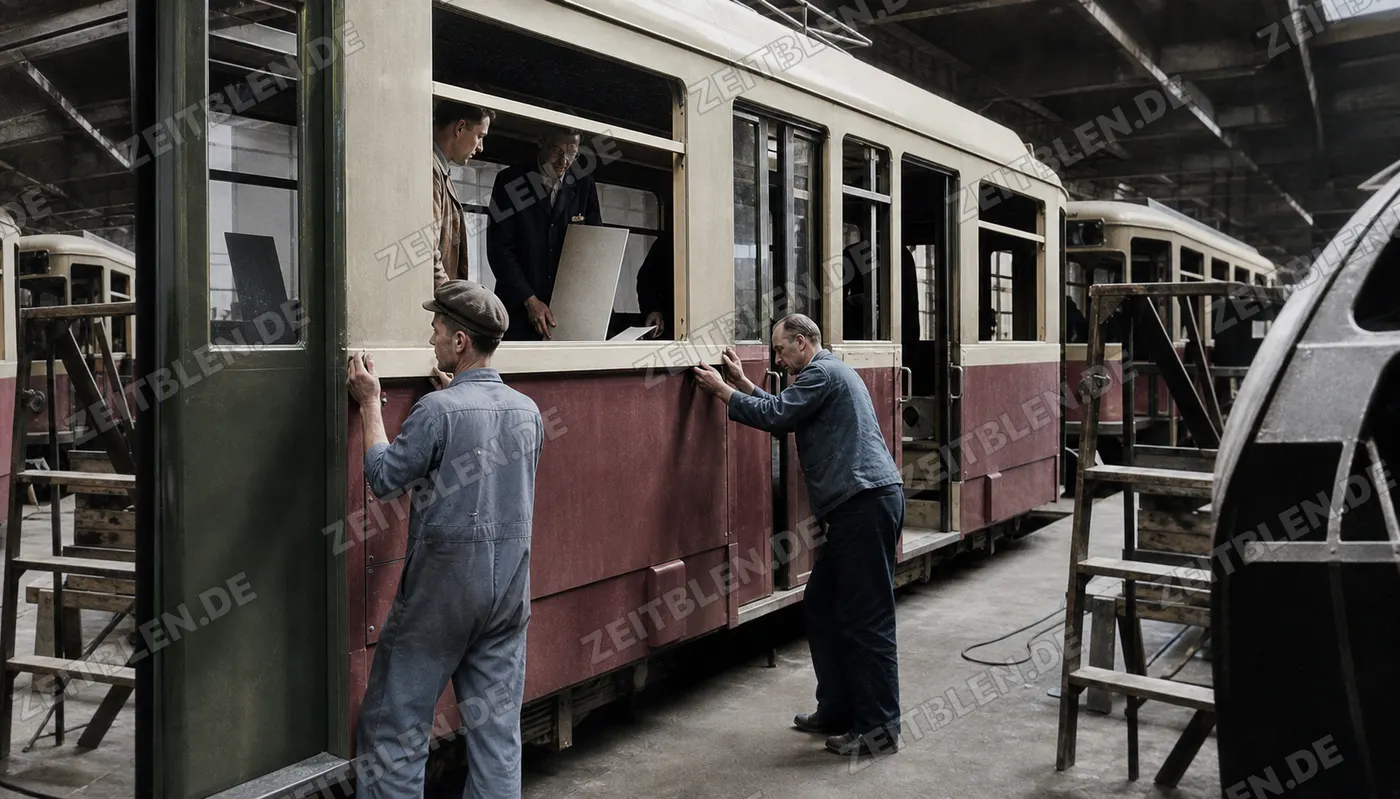 Montagearbeiten an einem Rathgeber-Straßenbahnwagen