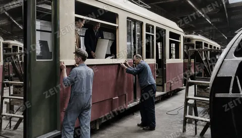 Montagearbeiten an einem Rathgeber-Straßenbahnwagen