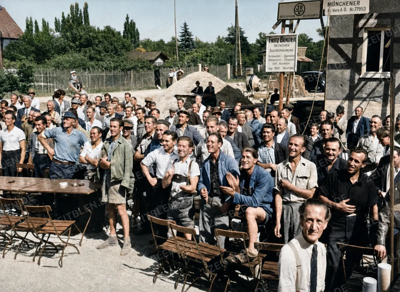 Gäste und Bauarbeiter beim Allianz-Richtfest