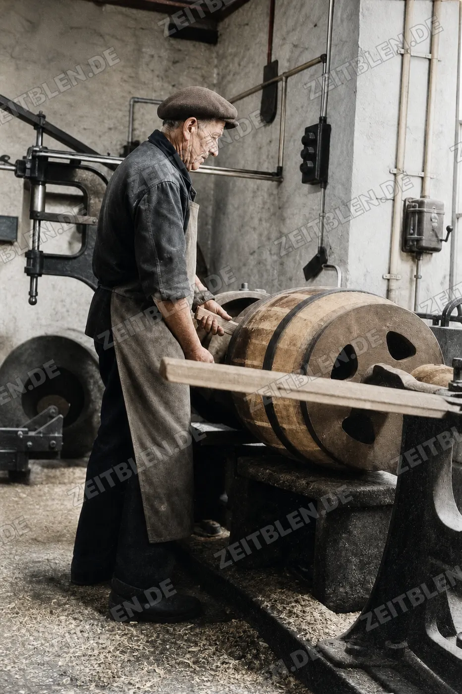 Arbeiter an einer Maschine in der Fassfabrik Drexler
