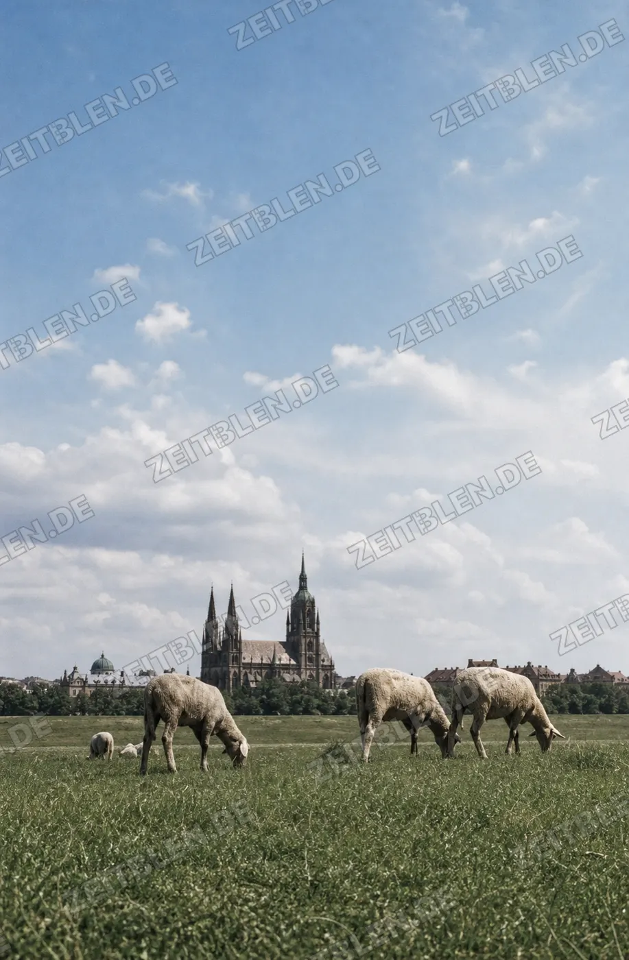 Schafe auf der Theresienwiese mit Blick zu St. Paul