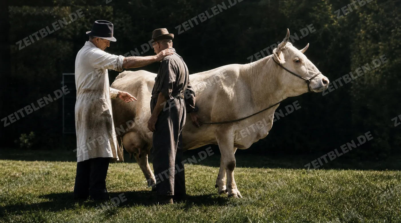 Tierärztliche Untersuchung eines Rinds im Beisein des Bauern
