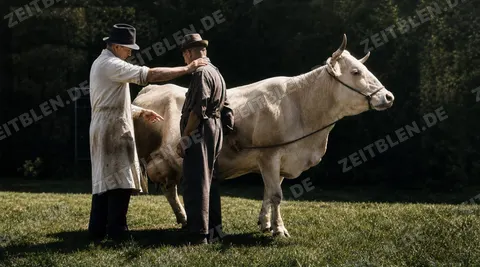 Tierärztliche Untersuchung eines Rinds im Beisein des Bauern
