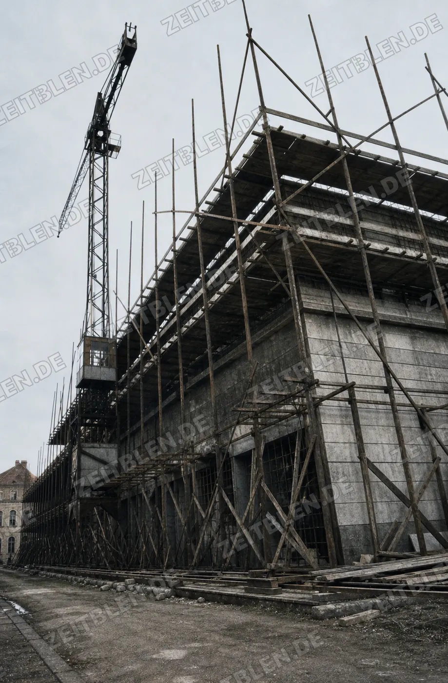 Baukran und Gerüst an einer Holzmann-Rohbaustelle
