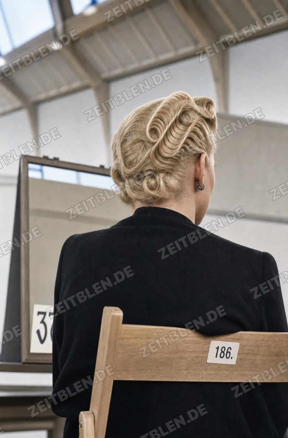 Rückansicht einer Modellfrisur mit Platznummer auf der Friseur-Ausstellung
