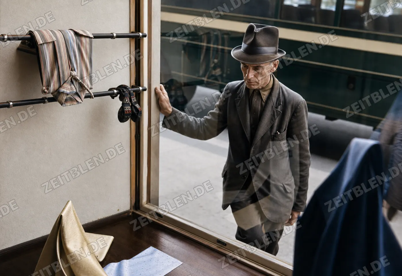 Mann vor einem Münchner Schaufenster mit Krawatten und Accessoires