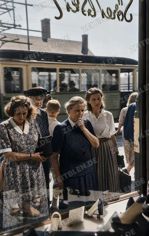 Frauen vor einem Münchner Schuhschaufenster im Geschäftsleben 1949