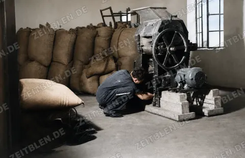 Arbeiter an Mischmaschine der Develey-Senffabrik