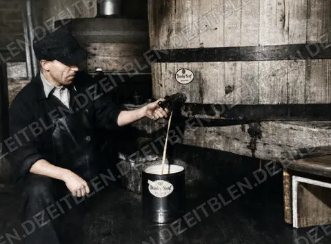Abfüllen von Senf in der Develey-Senffabrik