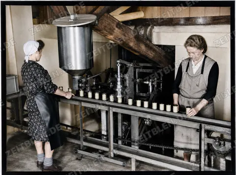 Arbeiterinnen an der Abfülllinie der Develey-Senffabrik