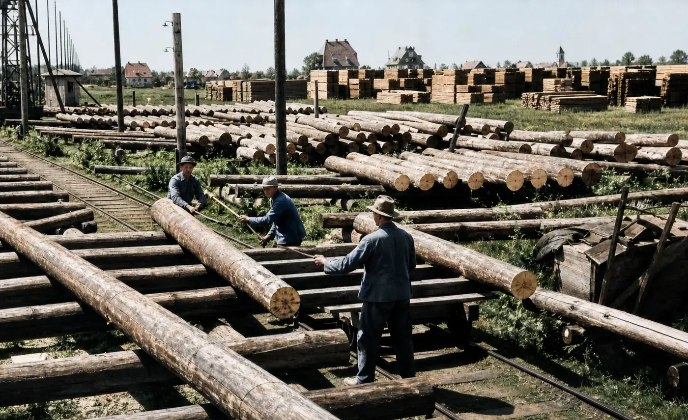 Arbeiter beim Bewegen von Rundholz im Sägewerk Kirsch & Söhne