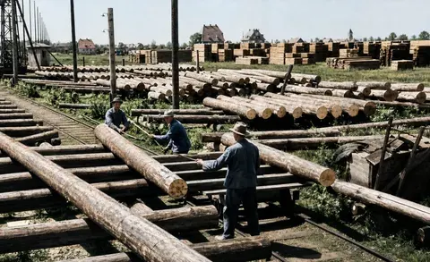 Arbeiter beim Bewegen von Rundholz im Sägewerk Kirsch & Söhne