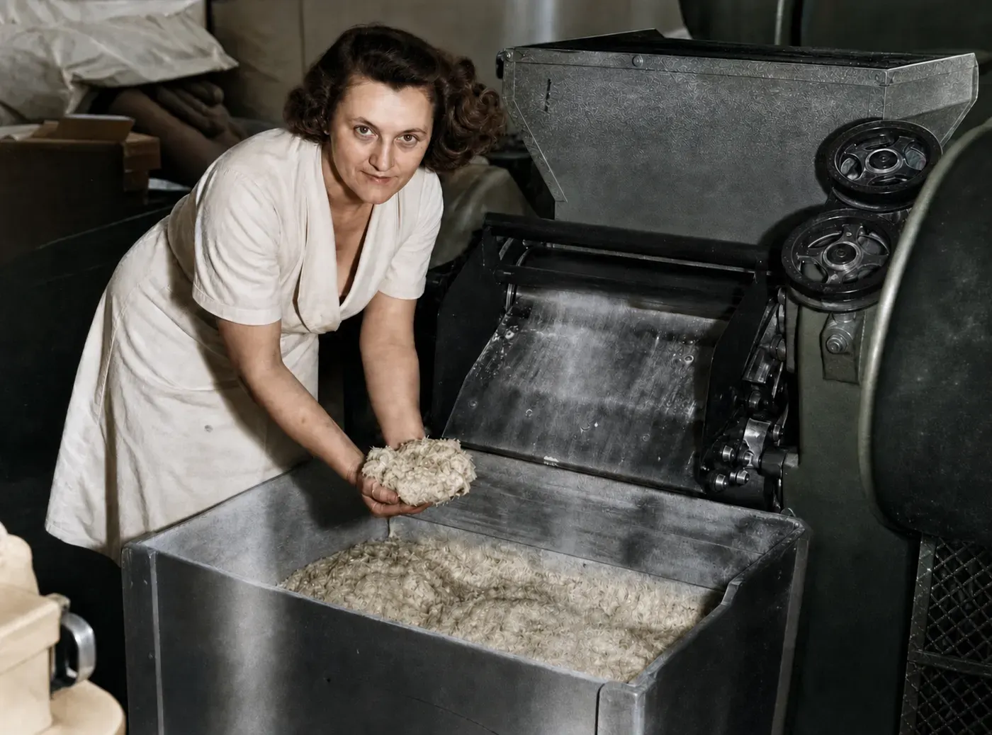 Arbeiterin mit Seifenmasse in der Seifenfabrik Werle