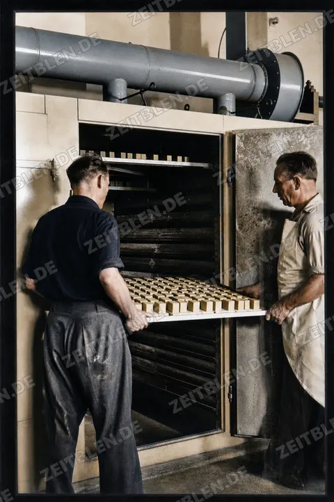 Arbeiter mit Formen oder Gestellen in der Seifenfabrik Werle