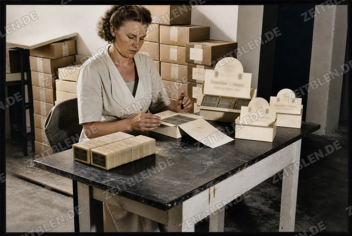 Verpackung von Seifenstücken in der Seifenfabrik Werle