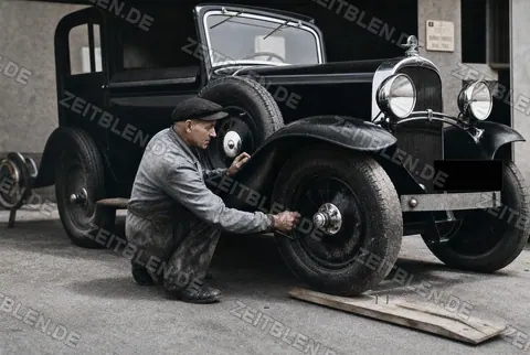 Radwechsel an einem Automobil in München