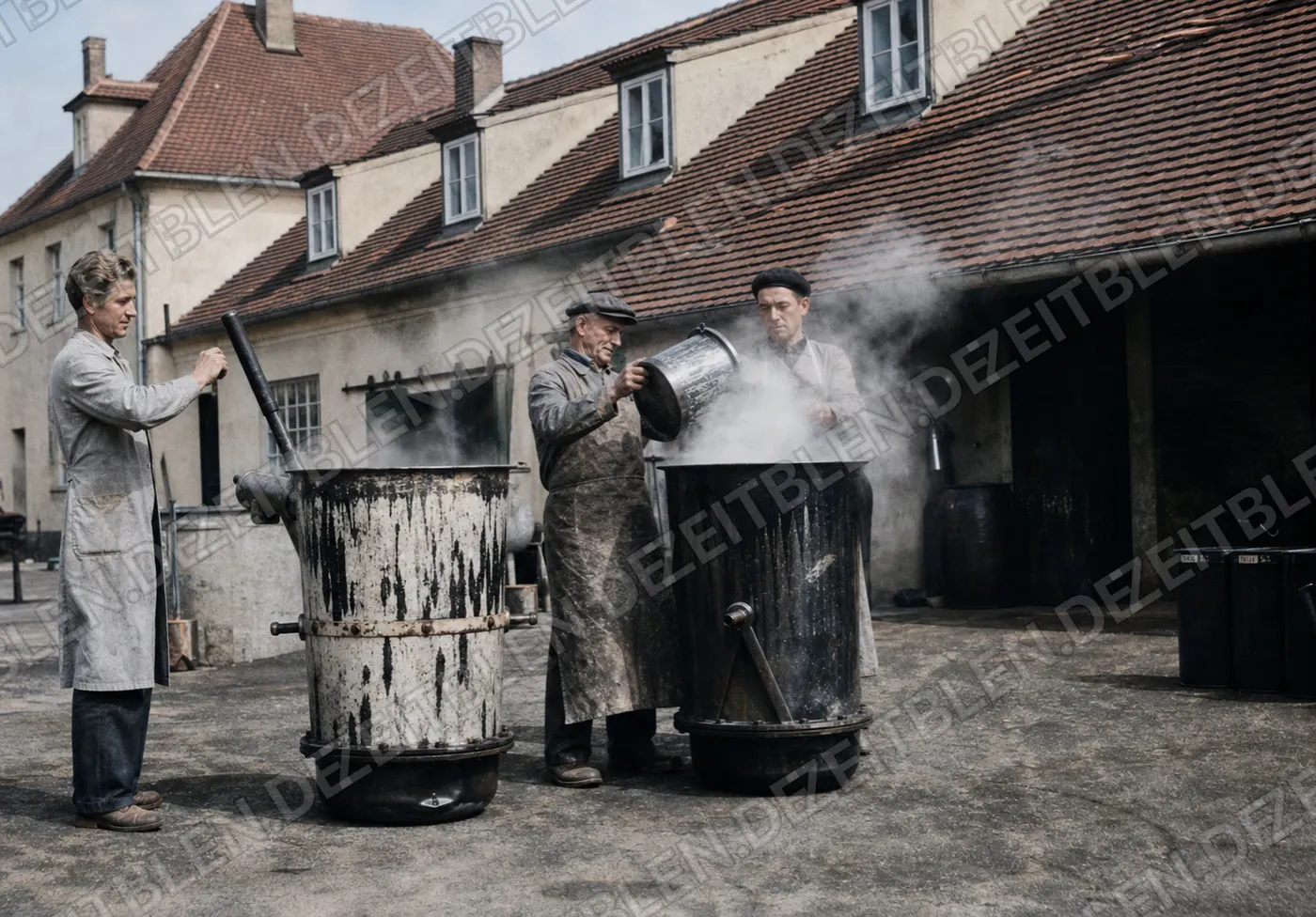 Offene Lackkessel im Hof einer chemischen Fabrik
