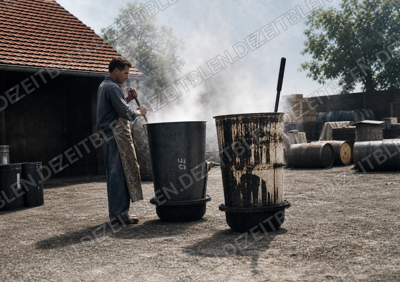 Lackkessel und Fässer im Hof einer chemischen Fabrik