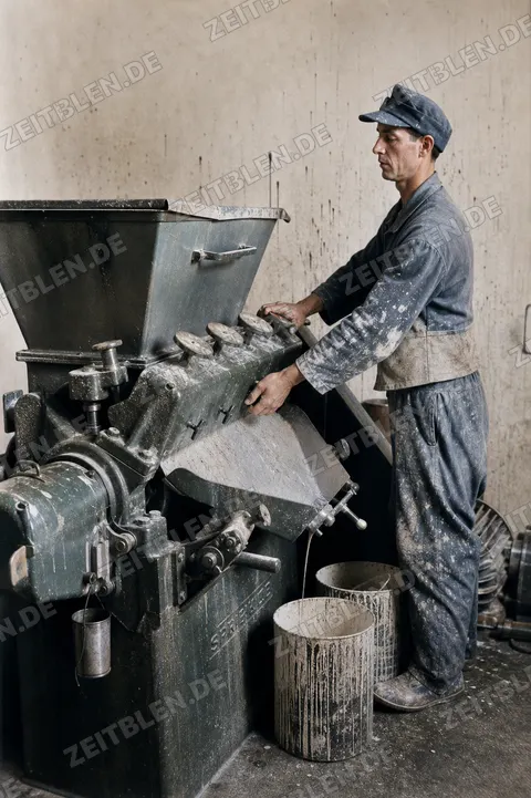 Arbeiter an einer Produktionsmaschine in einer Lackfabrik
