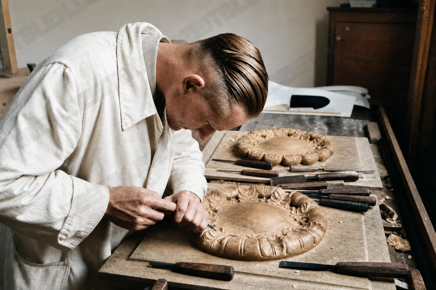 Schnitzarbeit für Landtagstüren bei den Vereinigten Werkstätten