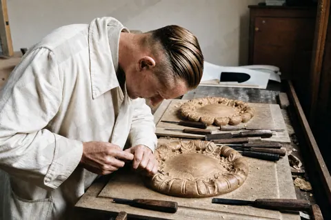 Schnitzarbeit für Landtagstüren bei den Vereinigten Werkstätten