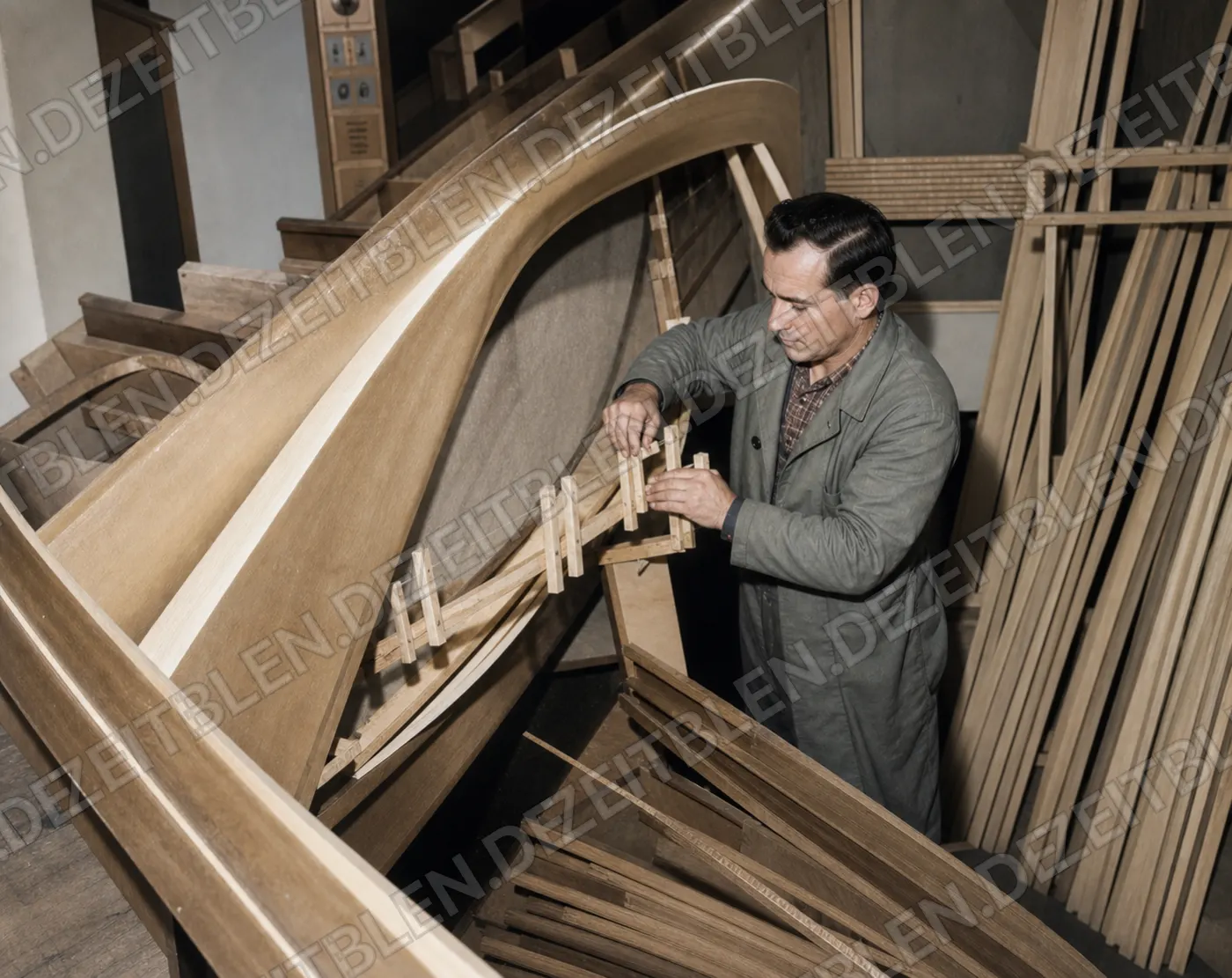 Montage von Holzspanten am Faltbootgerüst