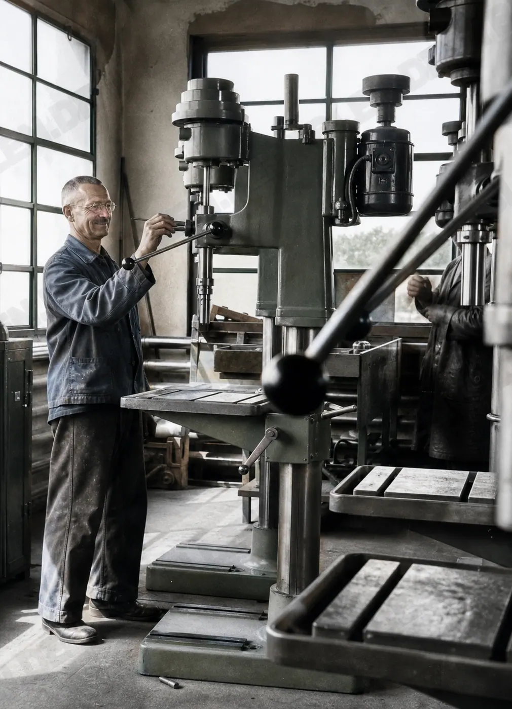 Arbeiter an einer Bohrmaschine in der Werkstatt