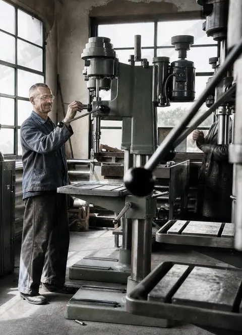 Arbeiter an einer Bohrmaschine in der Werkstatt