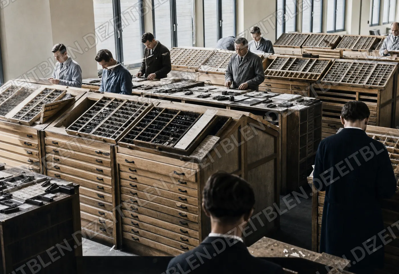 Blick in die Handsetzerei der Druckerei Oldenbourg