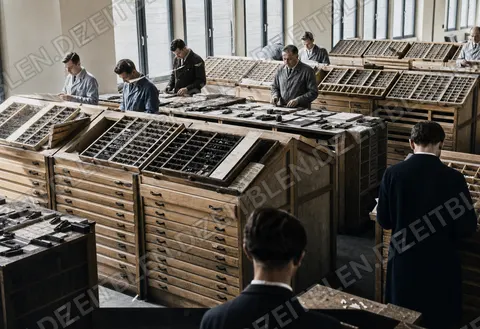 Blick in die Handsetzerei der Druckerei Oldenbourg