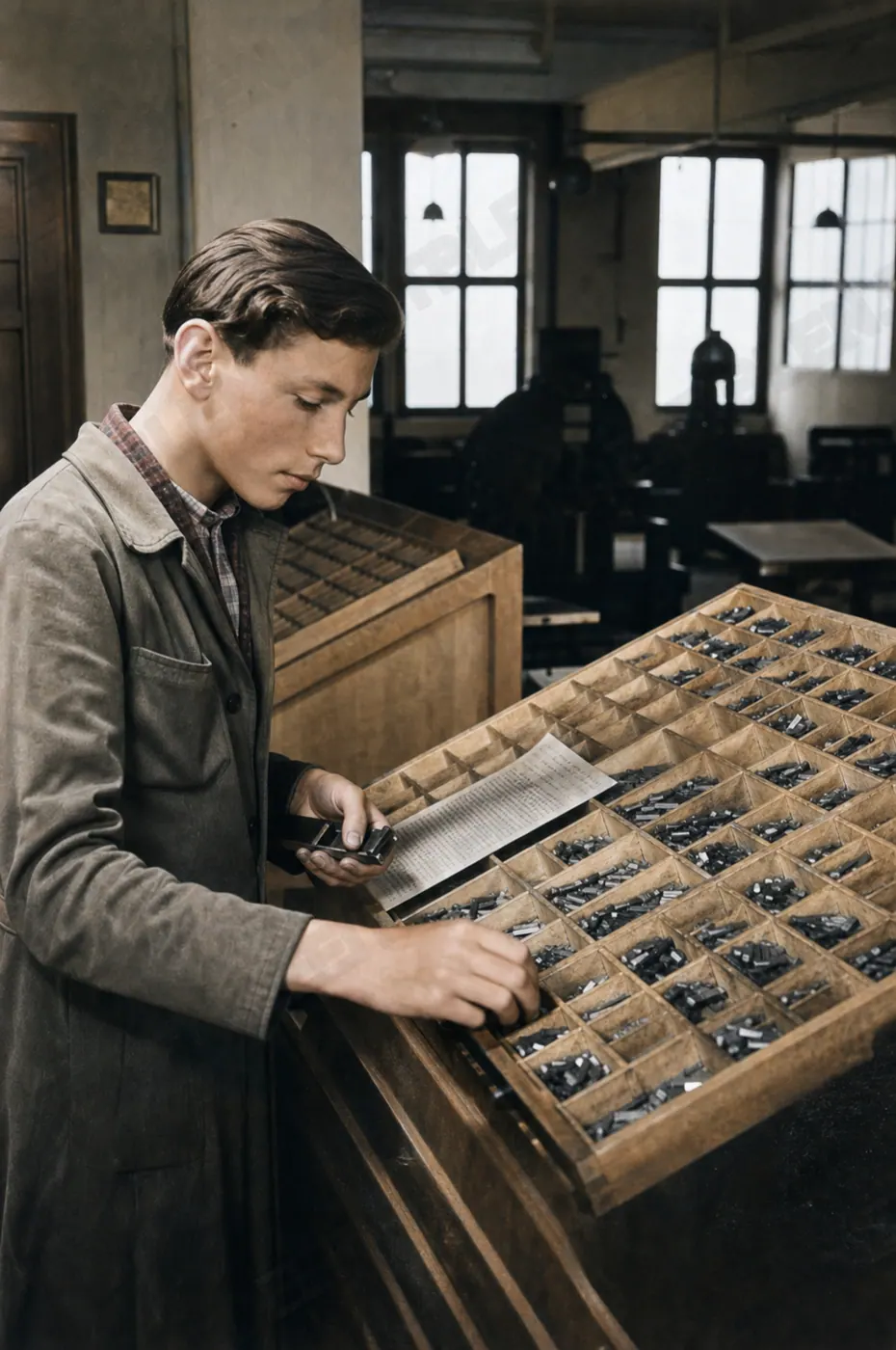 Lehrling am Setzkasten der Druckerei Oldenbourg