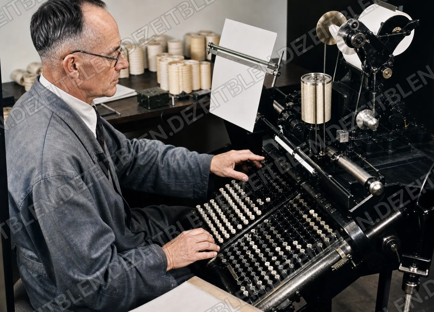 Monotypesetzer am Tastapparat der Druckerei Oldenbourg