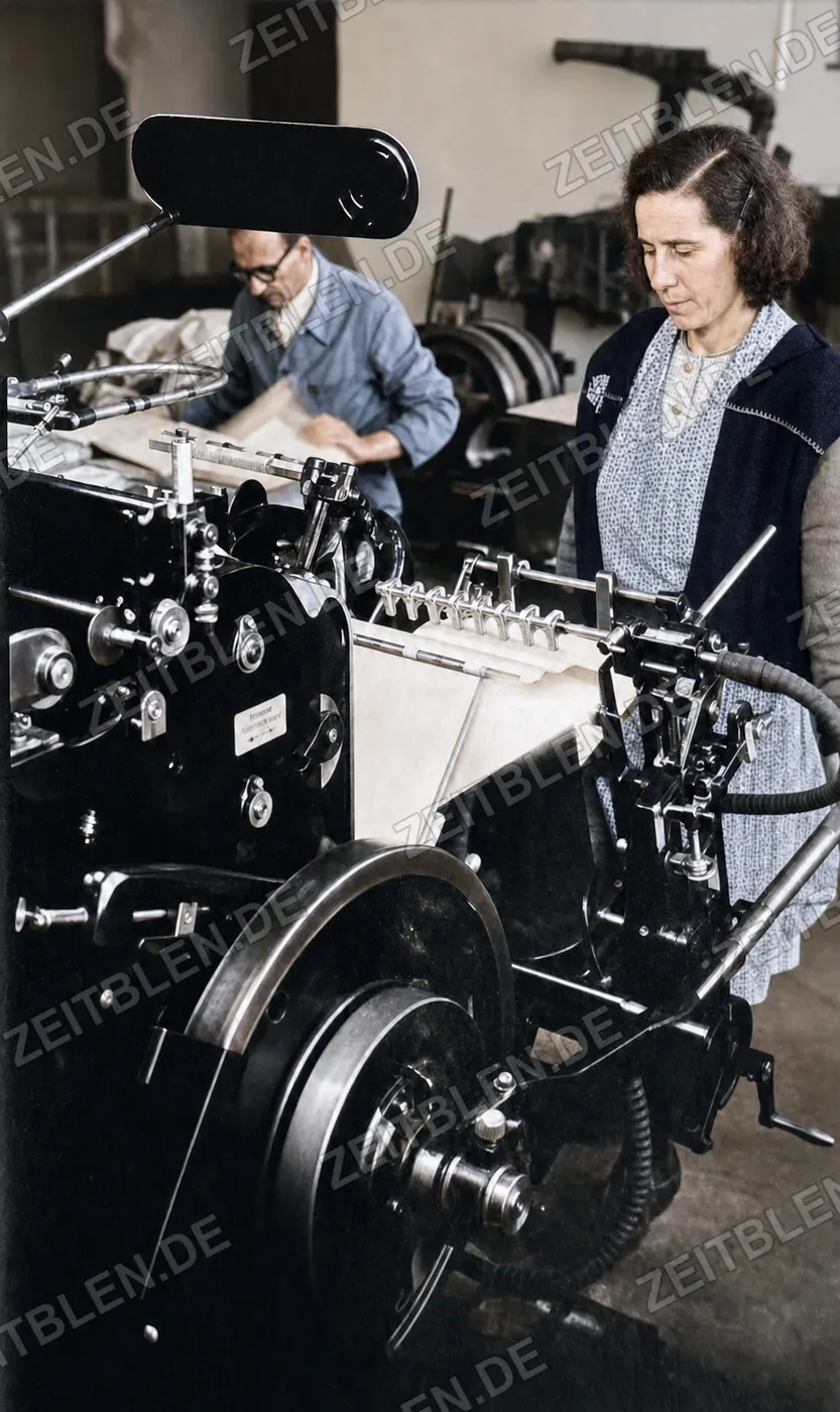 Arbeit an einer Monotype-Gießmaschine bei Oldenbourg