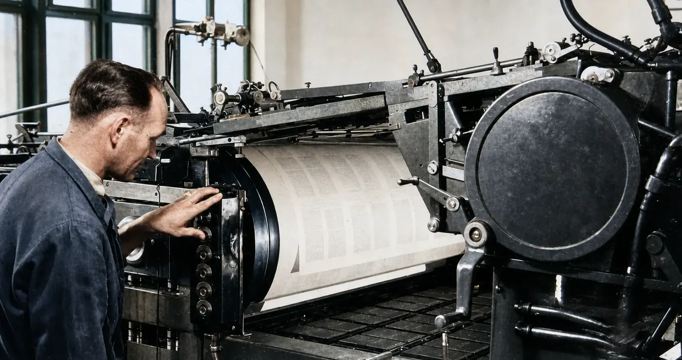 Drucker an einer Zylinderdruckmaschine bei Oldenbourg