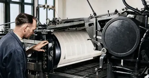 Drucker an einer Zylinderdruckmaschine bei Oldenbourg