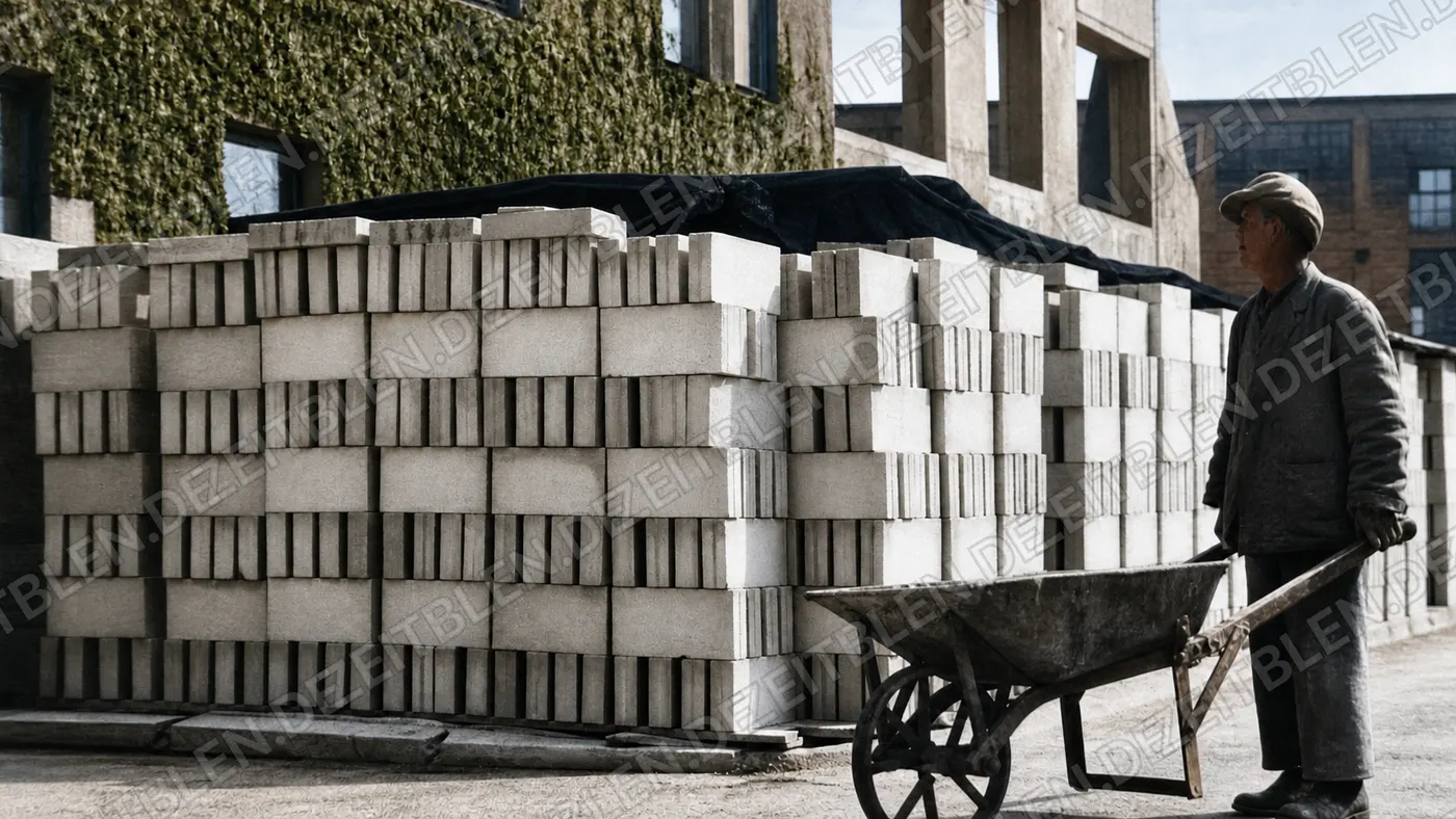 Gestapelte Porenbetonsteine im Versuchsbetrieb