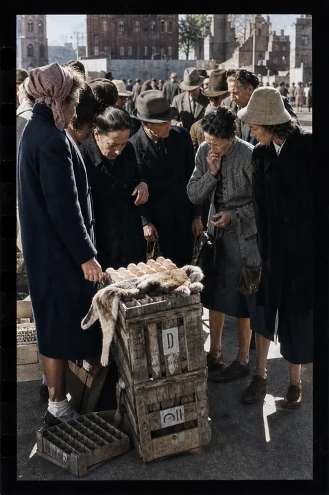 Kundinnen an einem Nürnberger Marktstand, April 1949