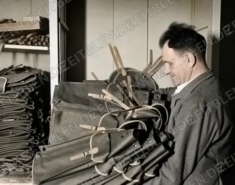 Kontrolle von Rucksackteilen bei Schnabel und Braun, April 1949