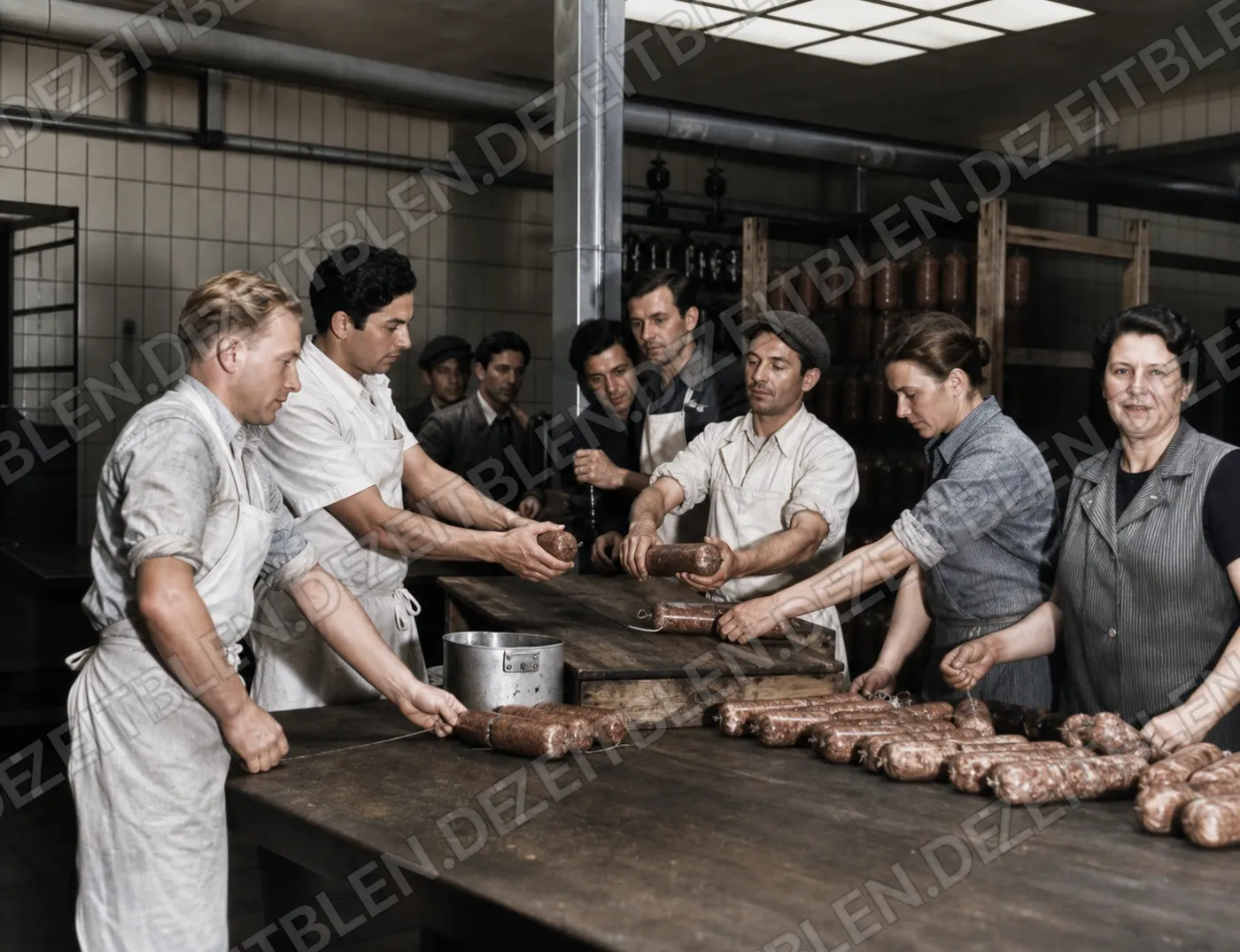 Wurstproduktion bei Wiedemann in München, April 1949
