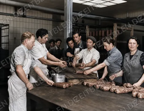 Wurstproduktion bei Wiedemann in München, April 1949