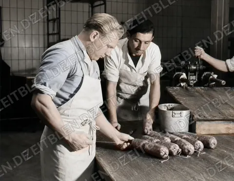 Arbeiter beim Binden von Wurstwaren, München 1949