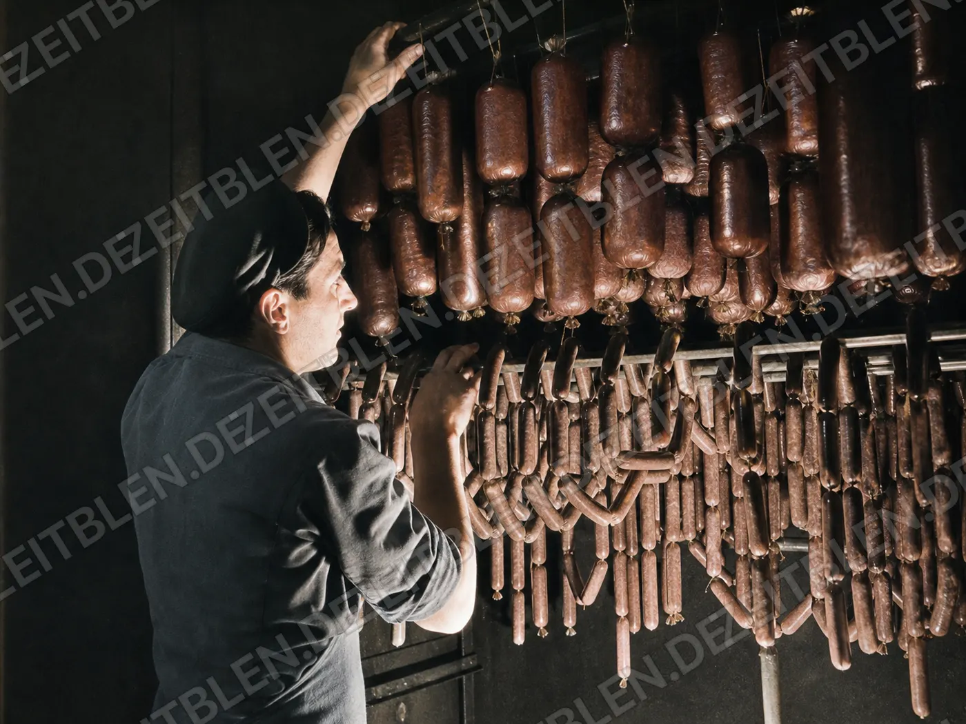 Kontrolle hängender Wurstwaren in einer Reifekammer, 1949