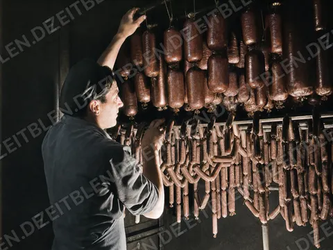 Kontrolle hängender Wurstwaren in einer Reifekammer, 1949