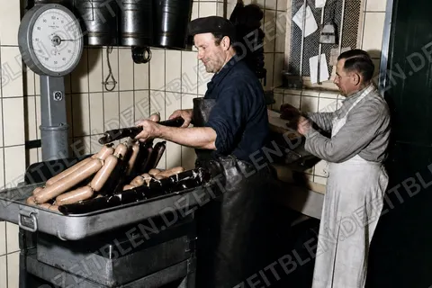 Wiegen von Wurstwaren bei Wiedemann, April 1949
