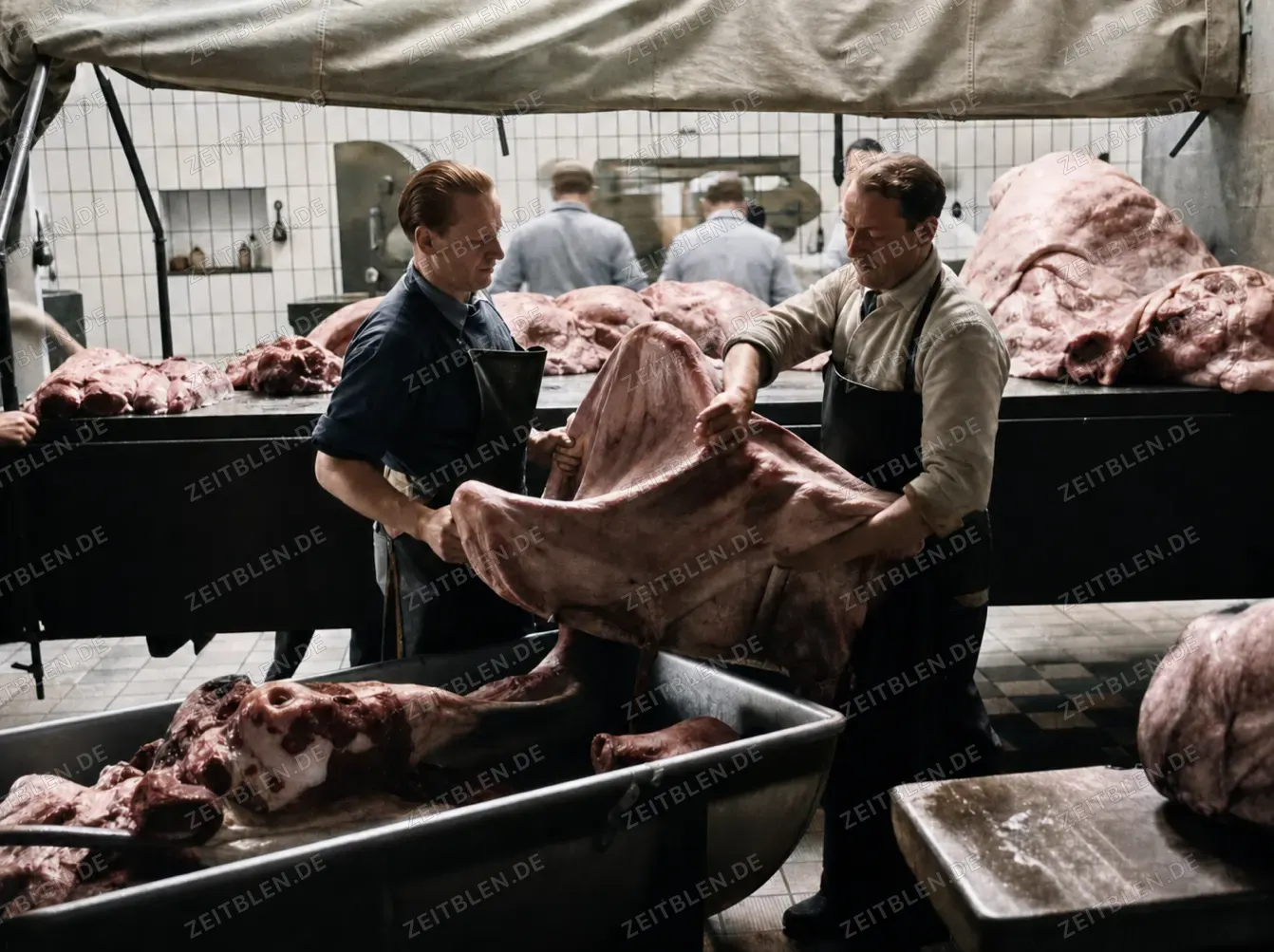 Zerlegung von Fleisch bei Wiedemann, April 1949