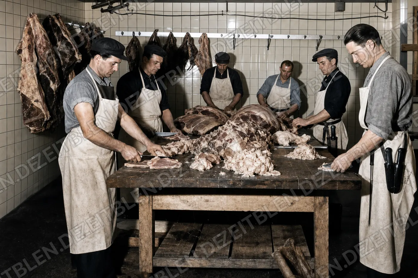 Gemeinsame Fleischzerlegung bei Wiedemann, April 1949