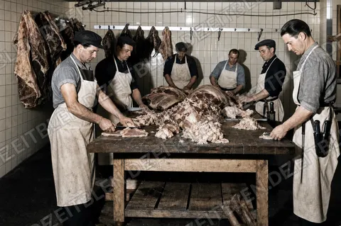 Gemeinsame Fleischzerlegung bei Wiedemann, April 1949