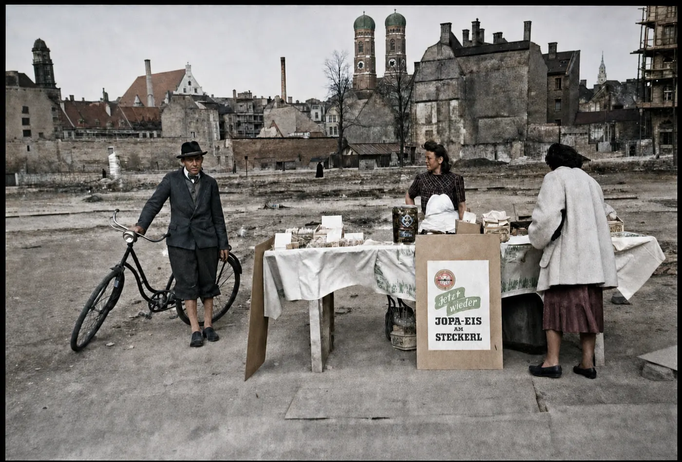 JOPA-Eis-Verkaufsstand vor der Münchner Frauenkirche, April 1949